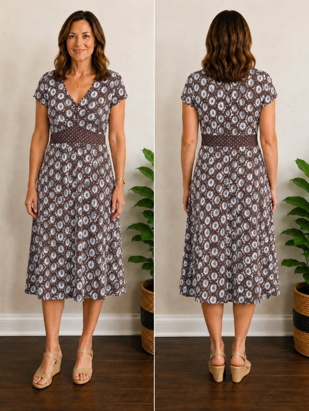 Boden Mushroom Taupe Geometric Floral Midi Dress Bias Cut Side Zip 10